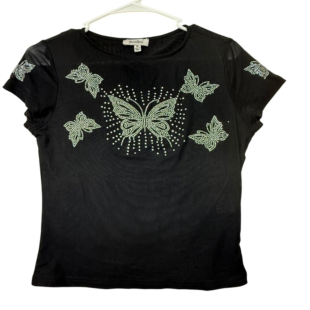 Faded Rose Black Mesh Rhinestone Butterfly Baby Tee Short Sleeve Top Medium NEW